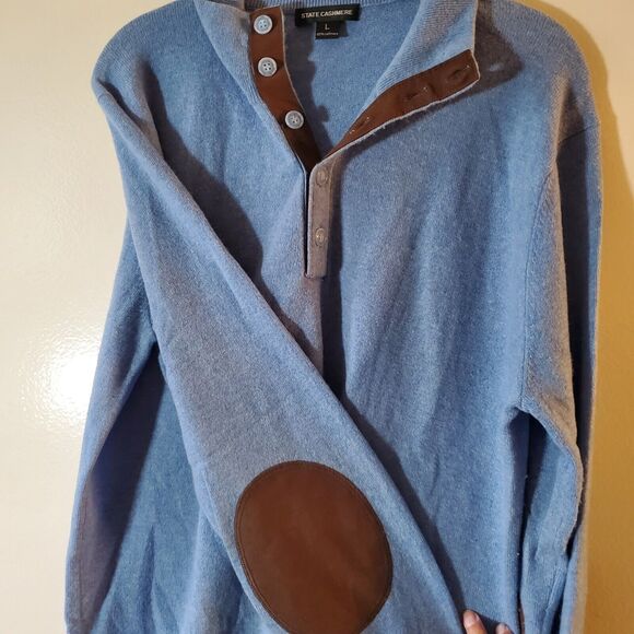 State Cashmere Mens Large 100%  Polo Collar Sweater Sky Blue Suede Elbows Lux - Picture 5 of 9